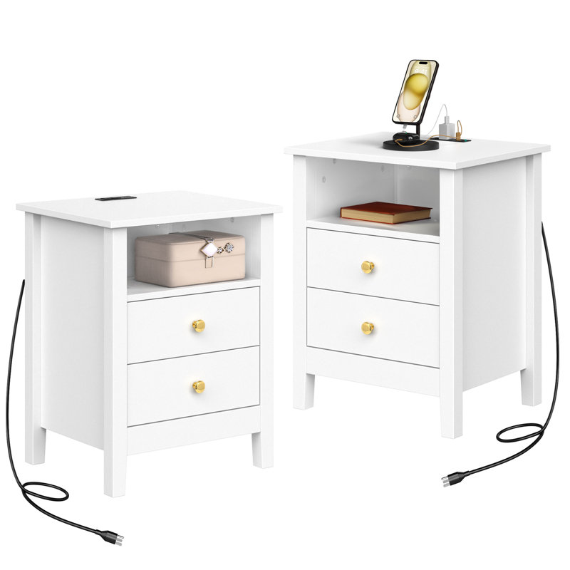 2 Drawer Modern Nightstands with Built in Charging Station, 2pcs, White