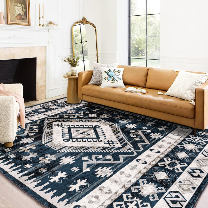 6x9 Area Rug With Vintage Style, Non-slip Washable For Bedroom - Geometric Blue/black Living Room Kitchen Rug,