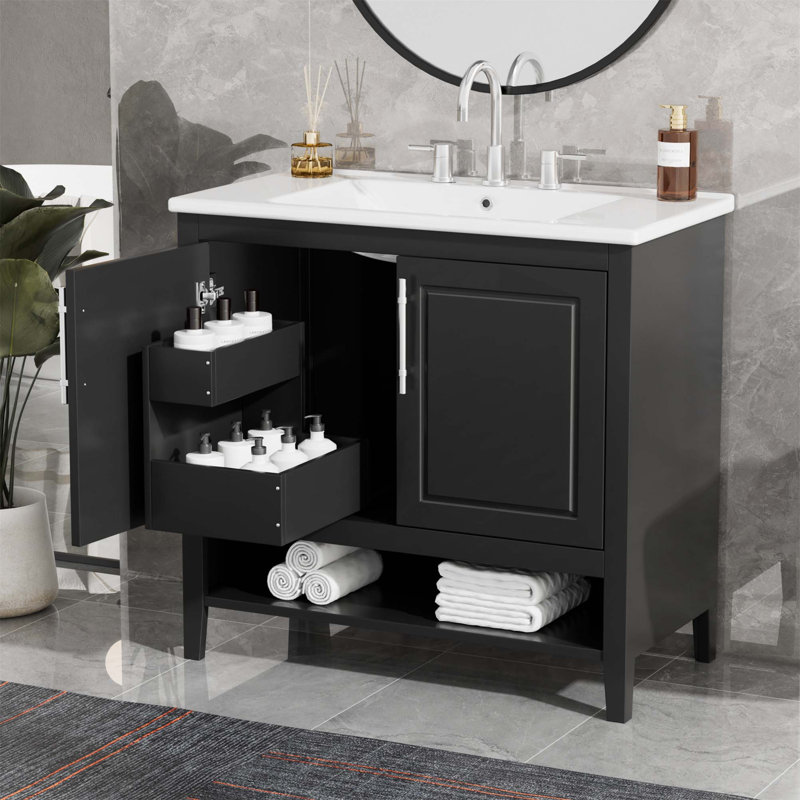 Meuble-lavabo de salle de bain avec lavabo, armoire de salle de bain multifonctionnelle avec portes et tiroirs, structure en panneau de fibres à densité moyenne et panneau de fibres à densité moyenne