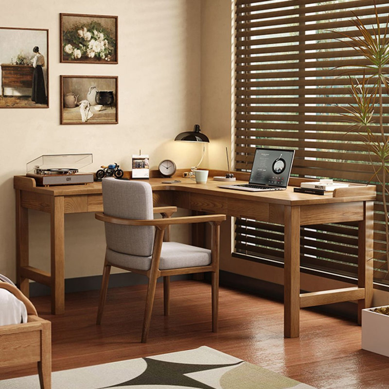 Bureau d'écriture en bois massif en L de couleur châtaignier clair, H 29,53 po x l 70,87 po x P 55,12 po, Retour à gauche