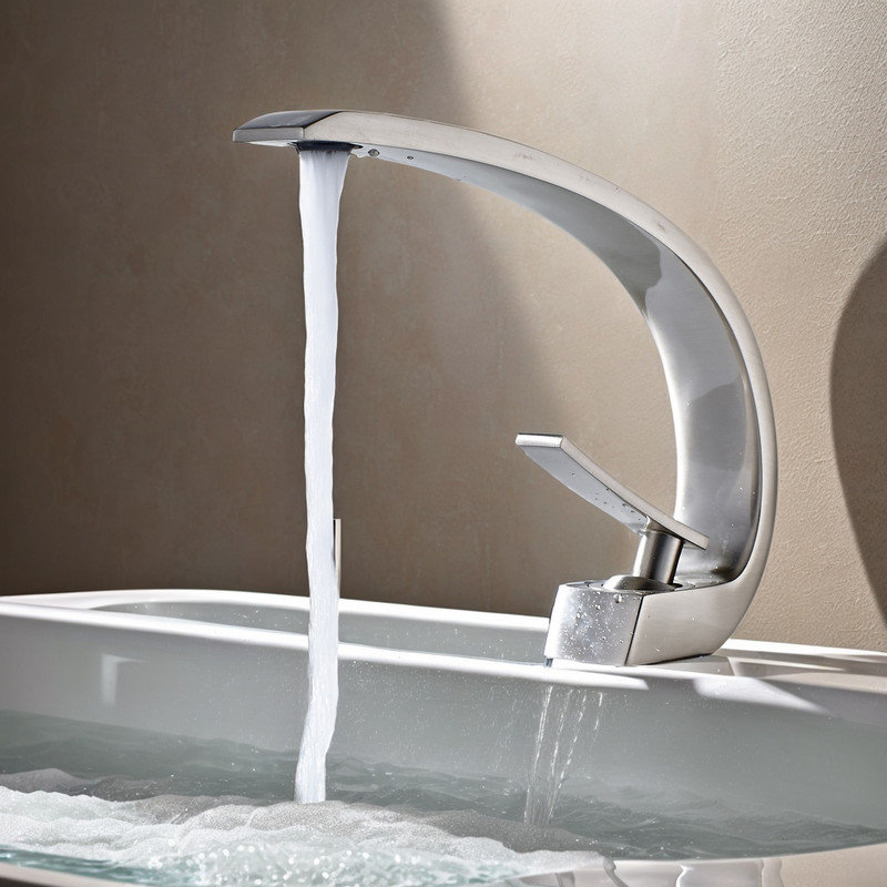 Robinet de salle de bain monocorps à poignée simple avec bec incurvé, Nickel brossé
