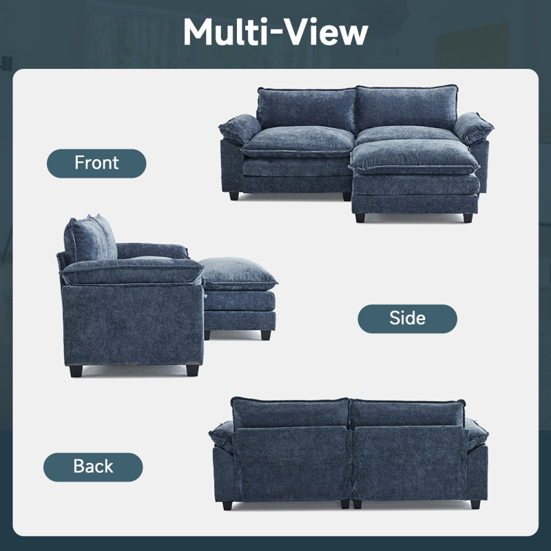 85.4 In'' Multi-Layer Cushion Loveseats With Ottoman, Blue Chenille