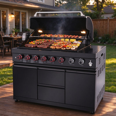 Cuisine extérieure avec bar et barbecue à gaz de luxe en acier inoxydable à 8 brûleurs (85 000 BTU), îlot de propane de 58 pouces avec brûleur arrière infrarouge en céramique, comptoir en granit, tiroirs de rangement et roulettes.