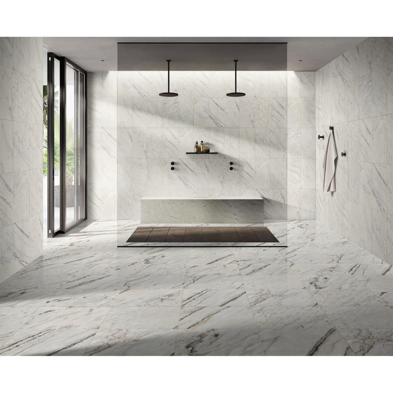 Carreaux de marbre blanc 12 x 24 pouces Snow Mountain - Finition texturée pour mur de cuisine
