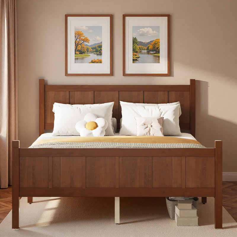 Lit plateforme moderne avec tête de lit et pieds robustes, Lit double, Noyer foncé