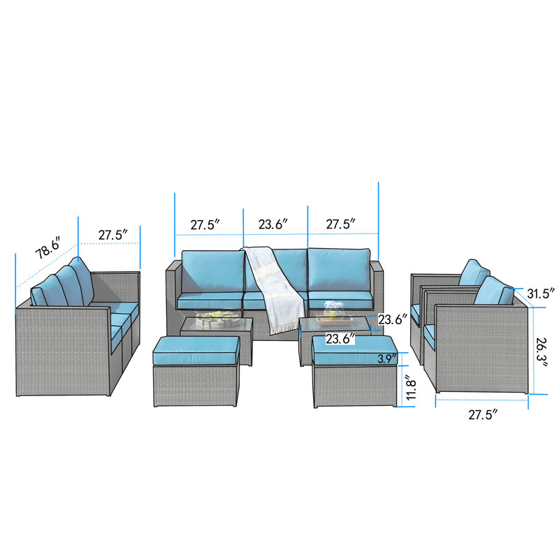 Baecher 11 Piece Wicker Sectional Seating Group with Cushions (Fully Assembled), Dark Gray/Peacock