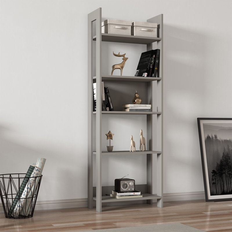Bibliothèque moderne gris, 5 tablettes, 63,0 x 70,9 x 11,8 pouces | 100% panneau de particules enduit de mélamine, épaisseur: 0,7 pouce | Conception murale pour un rangement compact, une décoration élégante et fonctionnelle