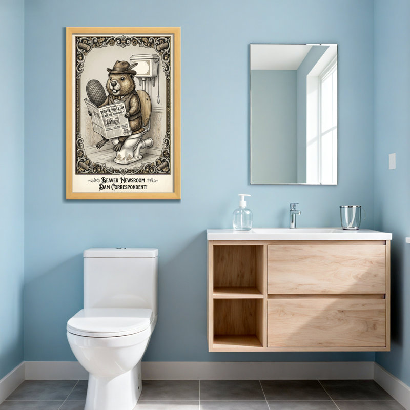 Bath & Laundry Beaver lisant un journal sur une toilette, H 24 po x l 16 po, Toile tendue, Ne s’applique pas