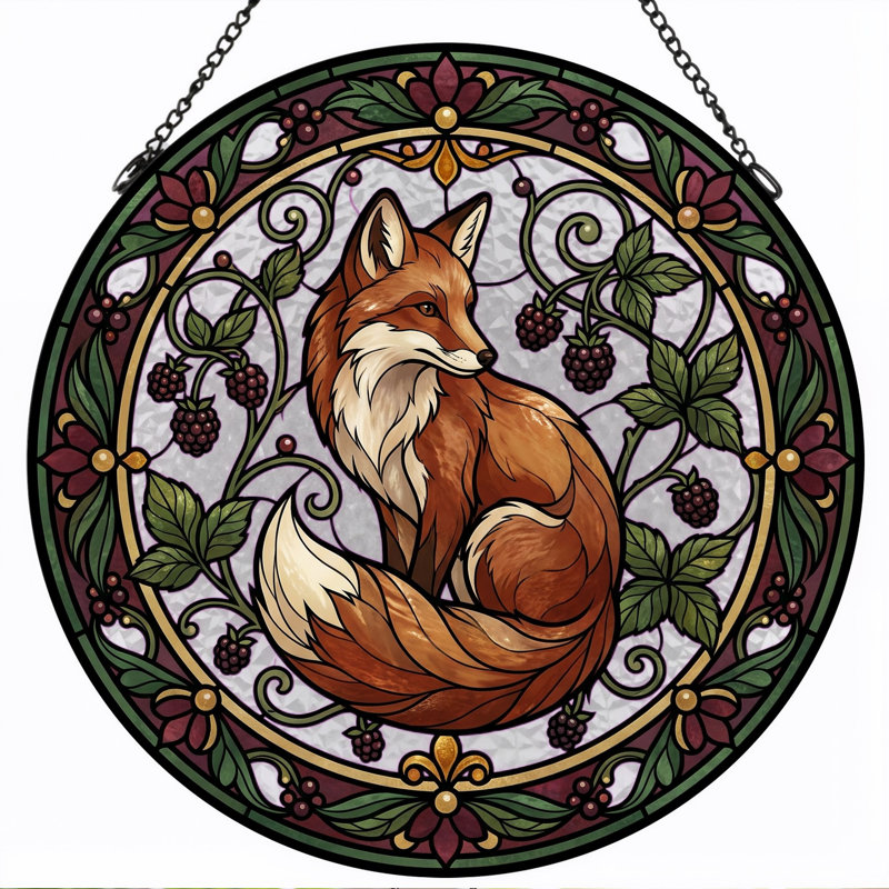 Fox Pattern Stained Glass Window Panel，12"H, 12"H