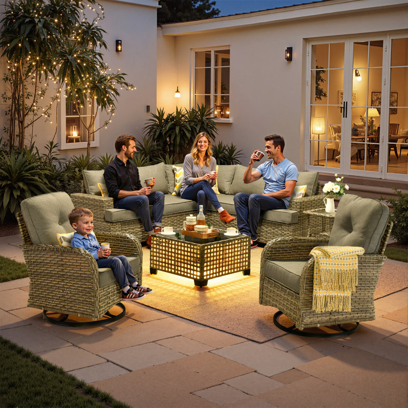Tommy Outdoor Wicker 7 Person Seating Group With Cushions, Gray, No