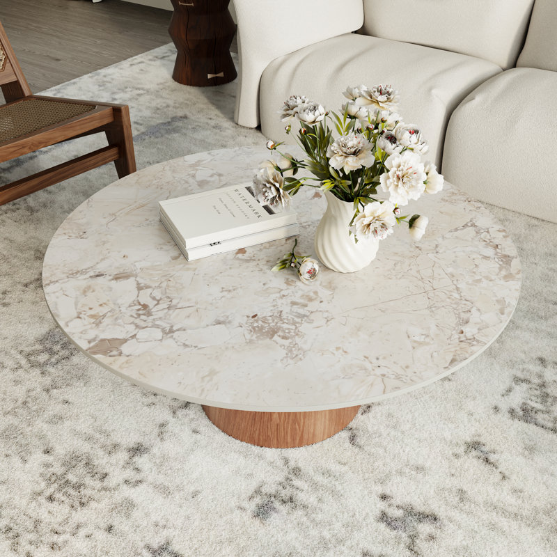 Table basse ronde en pierre et table basse en bois, H 17,44 po x L 41,73 po x l 41,73 po, Blanc pur, Noyer