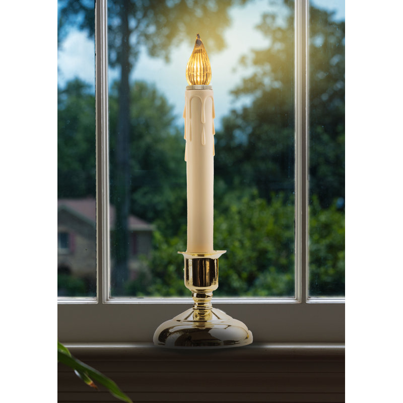 Unscented Flameless Taper Candle with Plastic Holder, Ivory/Brass