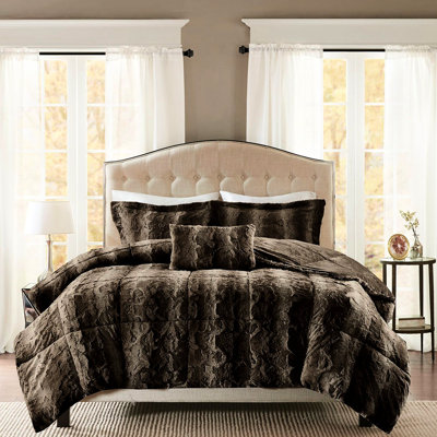 Très grand édredon brun foncé avec fausse fourrure, 4 pièces, y compris l'édredon, 2 taies décoratives et coussin décoratif