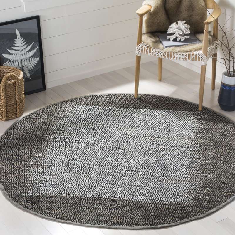 Phillis Vintage Leather Hand Woven Leather/Cotton Geometric Rug in Regular Gray, Round 6'