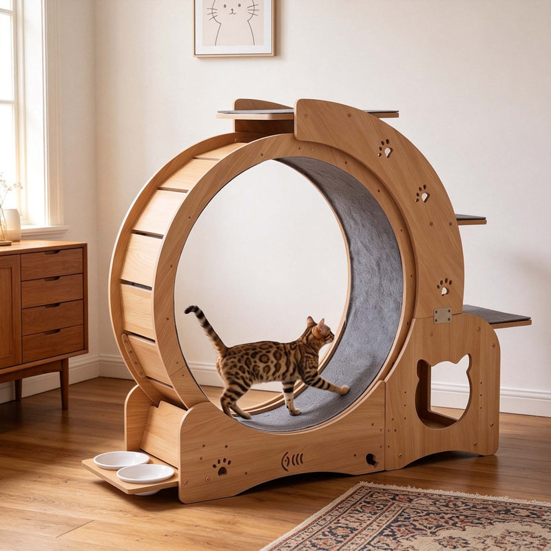 Roue d'exercice pour chat de 70 cm (27,5 pouces) pour chats d'intérieur, tapis roulant silencieux avec gamelles, perchoirs à plusieurs niveaux et grotte pour chat, idéal pour la perte de poids et l'activité quotidienne.