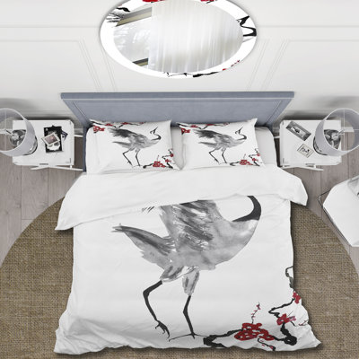 Japanese Crane Bird With Stylized Plum Flowers - Traditional Duvet Cover Set - Microfiber Polyester