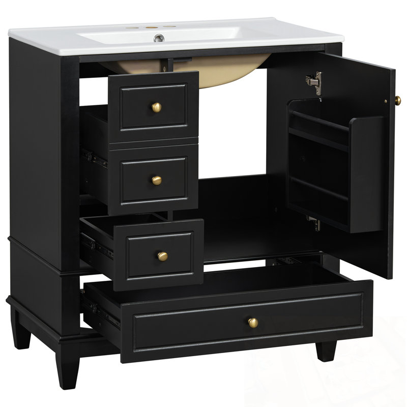 Meuble-lavabo avec lavabo, tablette de porte et trois tiroirs, Noir
