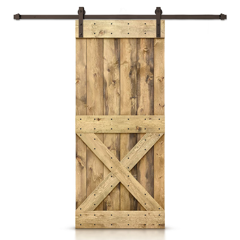 Porte de grange à panneaux et en bois avec quincaillerie d'installation, 40 po x 84 po, Chêne vieilli, Bronze huilé