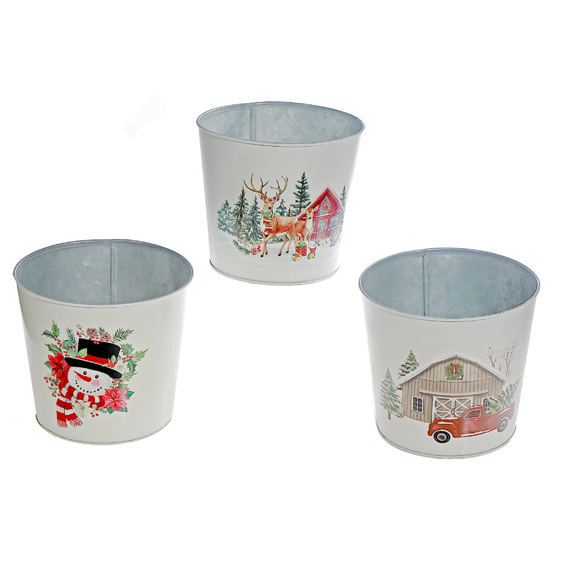 Boîte à fleurs ronde 6 po (camion rouge, bonhomme de neige, renne) (ensemble) - ensemble de 3