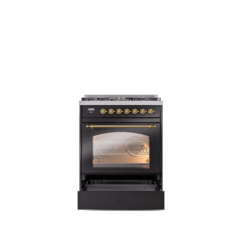 ILVE Nostalgie II 30 in Dual Fuel Range, Glossy Black/Brass, Natural Gas