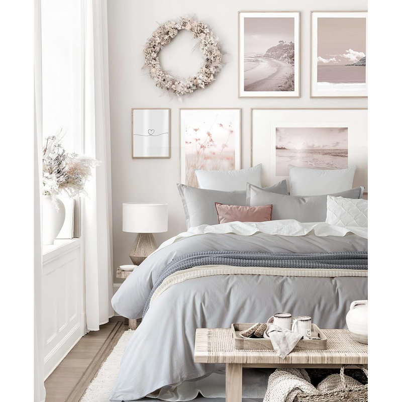 Stonewashed Cotton Solid Color Duvet Cover Set, King Duvet Cover + 2 King Shams, Gray