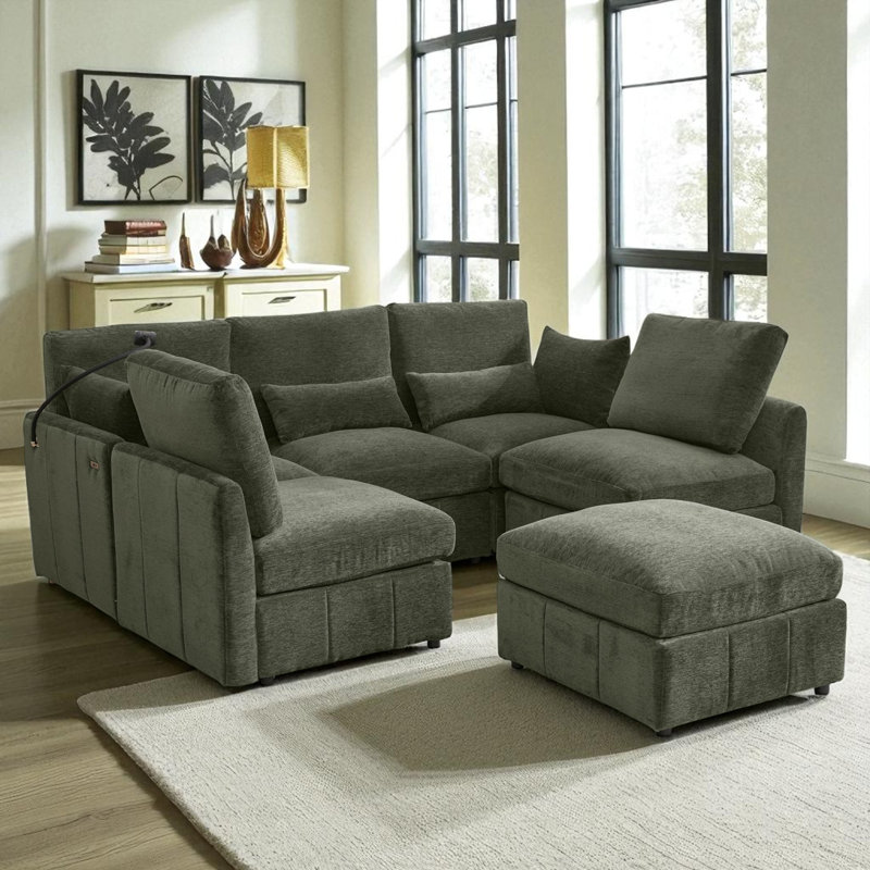 Canapé modulaire en U avec repose-pieds et ports USB, Chenille verte