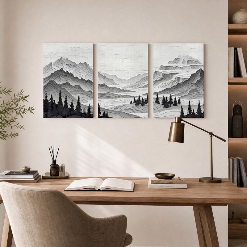 Ensemble de 3 toiles murales représentant des paysages de montagne en noir et blanc superposés, 24"H x 16"W x 3pcs