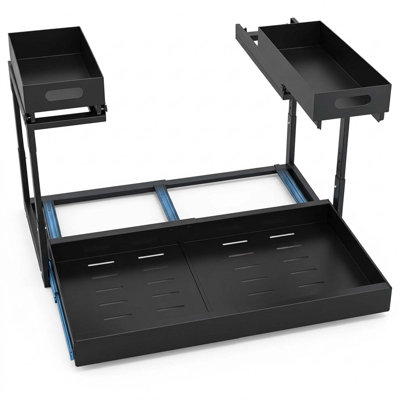 Expandable 2 Tier Metal Under Sink Organizer with Adjustable Height, Dual Independent Sliding Drawers, 3 Slide Rails