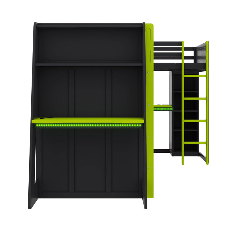 Lit simple en L à hauteur simple avec bureaux intégrés, structure de lit de jeu en bois avec DEL RVB, connecteurs USB, support pour téléviseur et unités de rangement