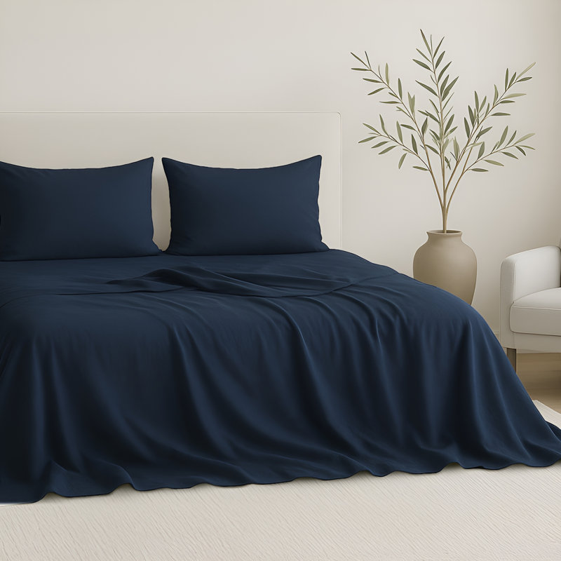 100% Cotton Sateen Sheet Set - Includes 1 Flat Sheet, 1 Fitted Sheet and 2 Pillowcases, Navy