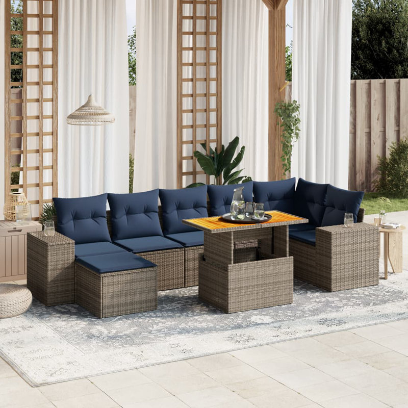  8 Piece Patio Sofa Set With Cushions Poly Rattan, Gray, Blue