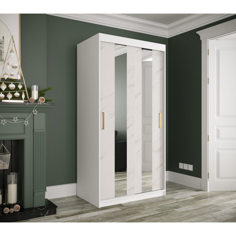 Maike 2 Door Manufactured Wood Wardrobe, 200cm H x 100cm W x 62cm D, White Matt/Marble Finish
