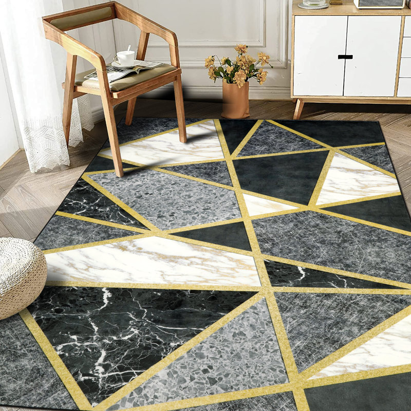 Home Decor Luxury Non-Slip Rubber Backing Safety Soft Runner Area Carpet Floor Area Rug Indoor Interior Accent Decorative Mat, Modern Black Grey Gold Geometric Marble Design, 5 x 7 Feet