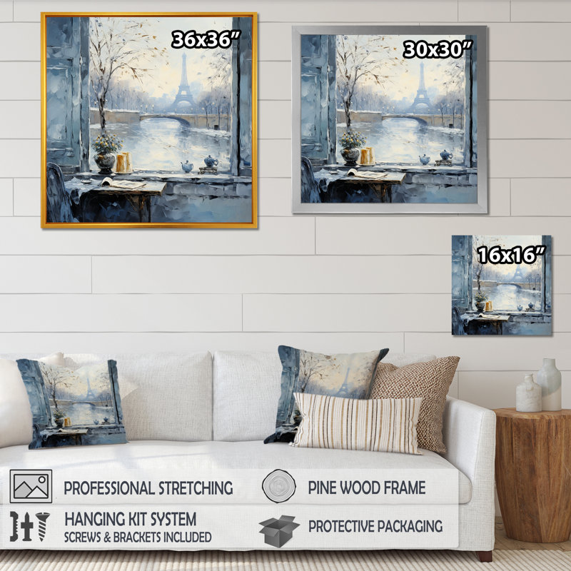 Hiver Paris, Tour Eiffel, ville, charme III - Art mural de Paris, Cadre simple noir, H 30 po x l 30 po x P 1,5 po