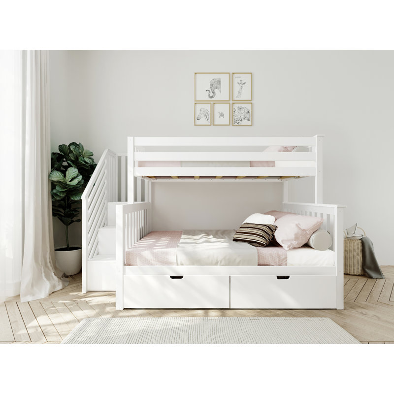Aileana Solid Wood Bunk Bed with Storage Drawers, Twin Over Full, White