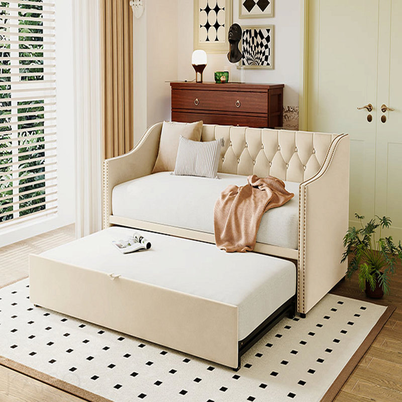 Lit de jour simple tapissier avec couchette escamotable, beige, Beige