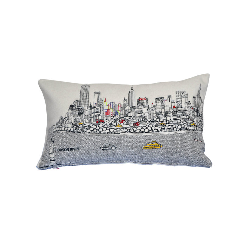 Coussin rectangulaire blanc NYC Daylight Skyline, Crème, 14 po x 24 po