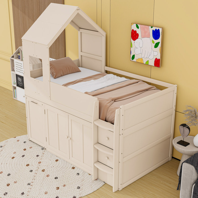 Lit mezzanine en bois avec bureau, tiroirs et armoires, Beige