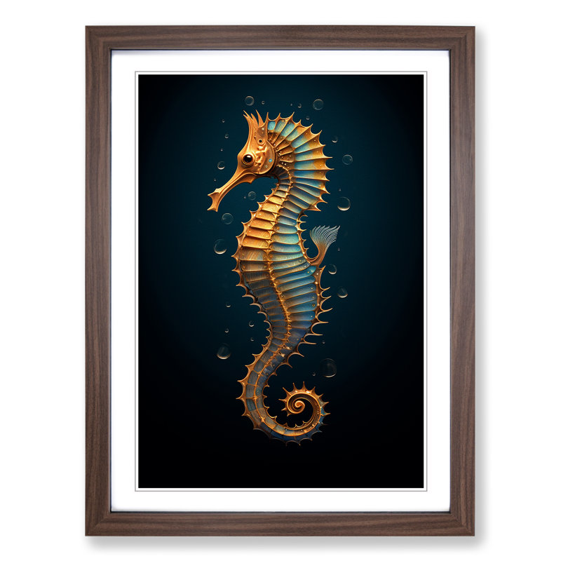 Seahorse Minimalism - Single Picture Frame Print on Wood, 46cm H x 34cm W x 2cm D, Walnut 