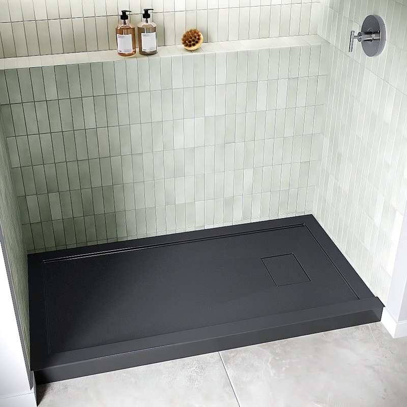 Base de douche 48 po x 36 po Alcove en acrylique noir brillant avec bonde droite, bonde incluse, Noir lustré