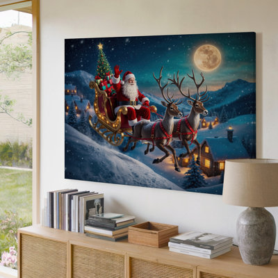 Canvas A Whimsical Winter Scene Captures Santa Claus Joyfully Riding In Wall Art A Beautifully Ornate Sleigh Pulled By Two Reindeer Canvas Wall Art