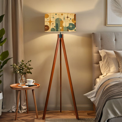 Tripod Standing Lamp Mid Century Modern Starburst Abstract Geometric Retro Mid Century Remote Controlled Dimmable LED Floor Lamp with Beech Wood Legs & Detachable Linen Shade for Farmhouse Apartment Living Room and Bedroom