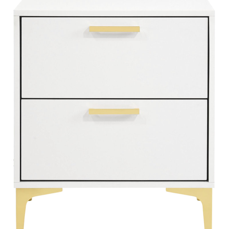 White And Gold 2-Drawer Rectangular Nightstand, White Duplicate