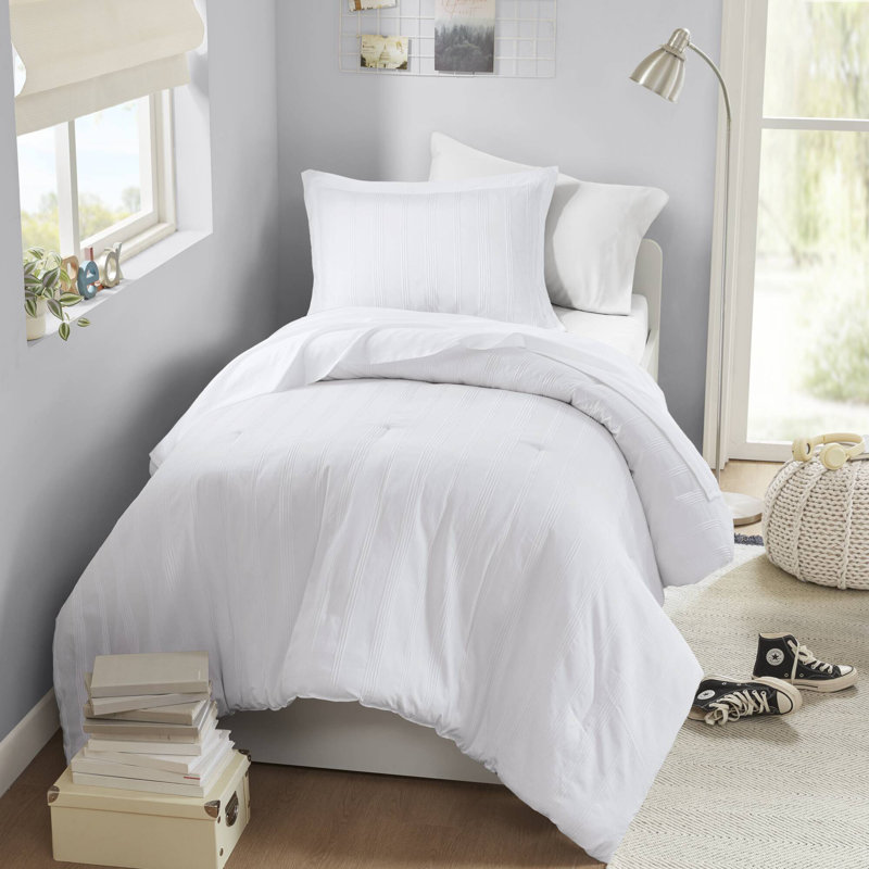 Ensemble d'édredon tissé à rayures Logan, Rayé blanc, Édredon simple + 4 pièces supplémentaires