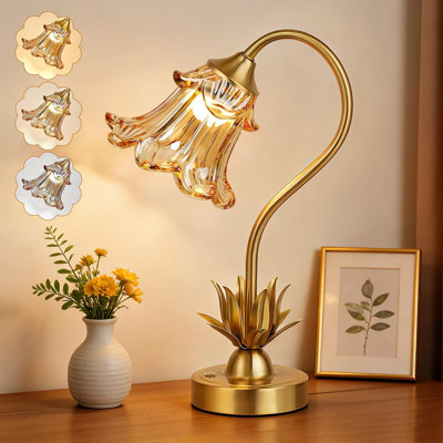 Lampe de table à fleurs 13,5 po avec abat-jour en verre Lampe de bureau portable ambre pour table de chevet, patio, camping