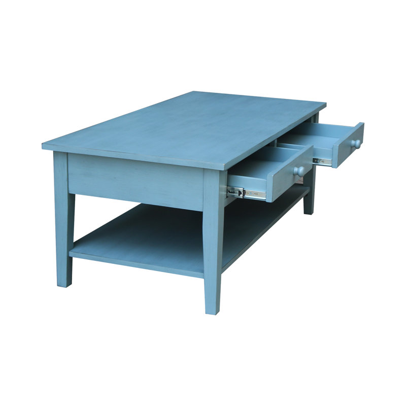 Table basse 4 pieds en bois massif avec rangement Tiller, Bleu océan antique frotté