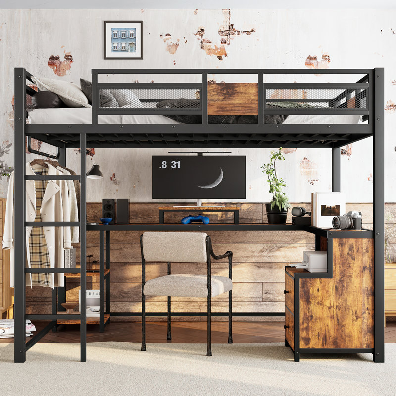 Full Loft Bed with Desk and Storage, Metal Loft Bed Frame with Ladders, Noise-Free, No Box Spring Needed, Black, Full, Brown