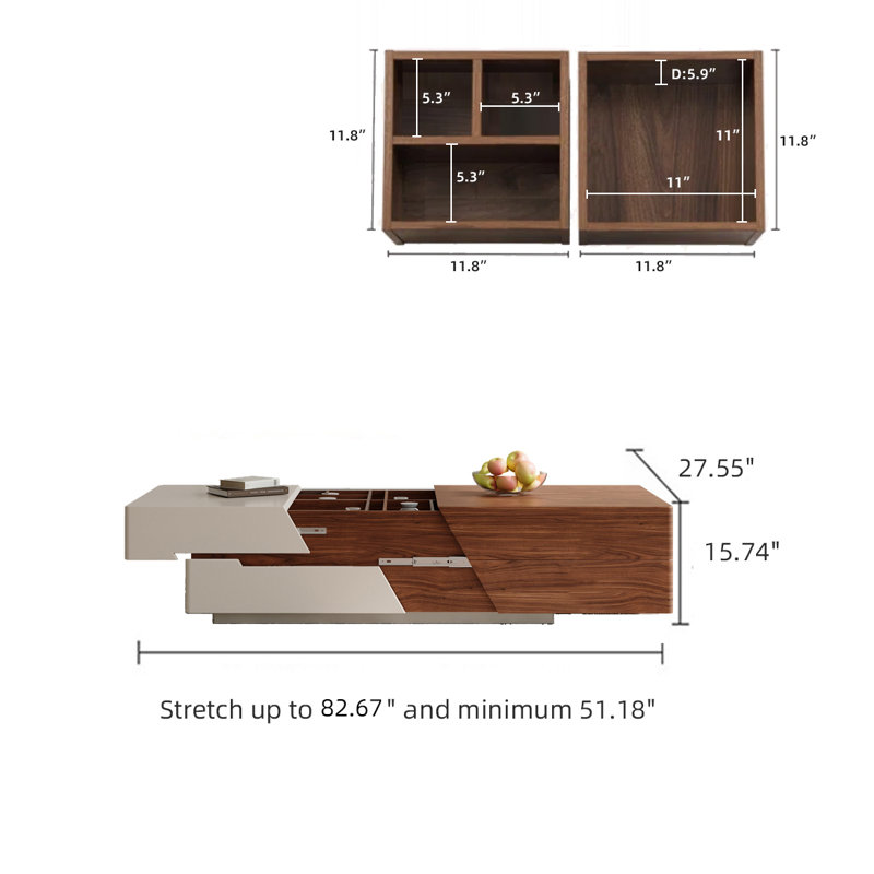 Sankey No-Assembly Required, 51.18‘’-82.67‘’ Extendable Solid Wood Coffee Table With 2 Drawers, 4 Hidden Storges, White/Brown