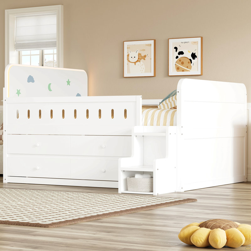 Wooden Full Size Bed With LED Light, Storage Drawers, White