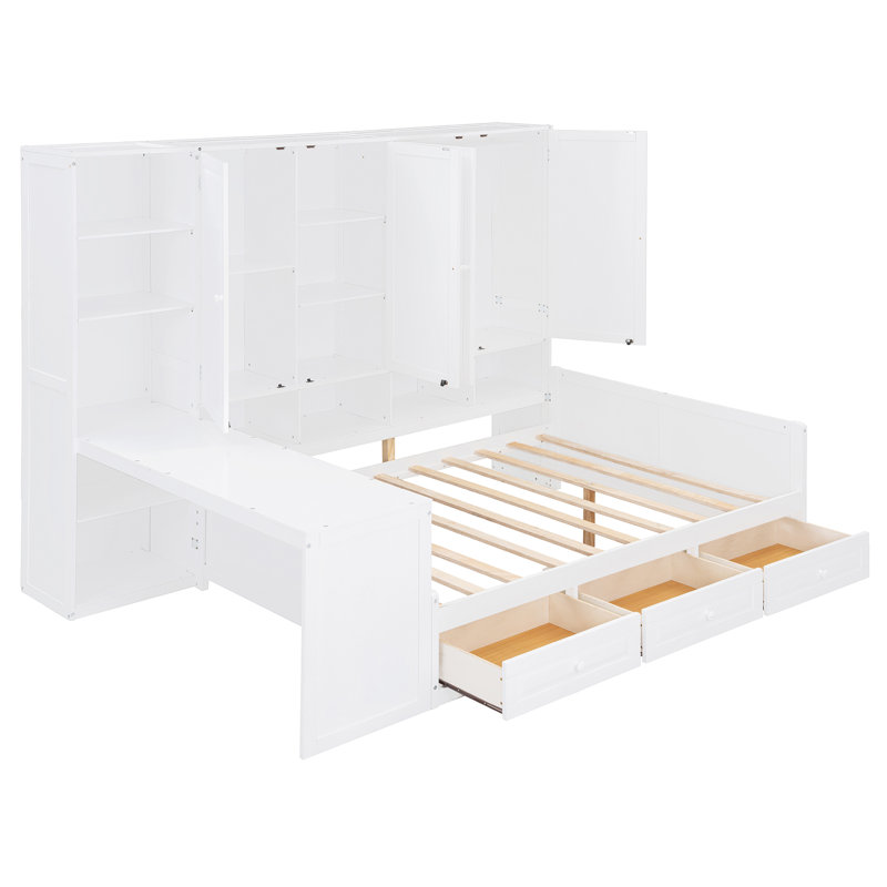 Lit de jour en bois pleine grandeur avec trois tiroirs, armoire tout-en-un, bureau et tablettes, Lit double, Blanc